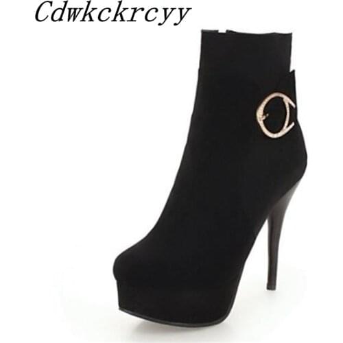 Women Boots winter New style Super heel Fine heel Round head Waterproof Cashmere Non-slip Wear-resisting black Short boots 34-48