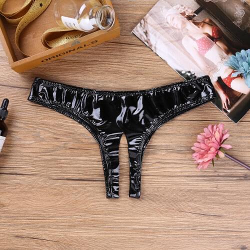 Womens Sexy Panties Female Lingerie Wet Look Patent Leather Open Crotch High Cut Mini Briefs Underwear Culbwear Party Briefs