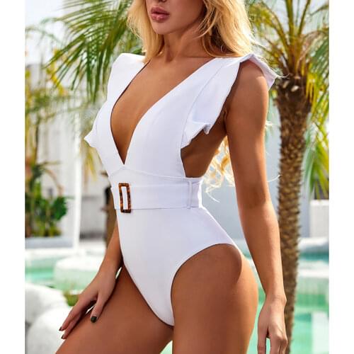 2021 Women White Bodysuit One Piece Ruffle Swimsuit Female Belt Swimwear Deep V Neck Swimsuit Vintage Bathing Beach Suit Bathers
