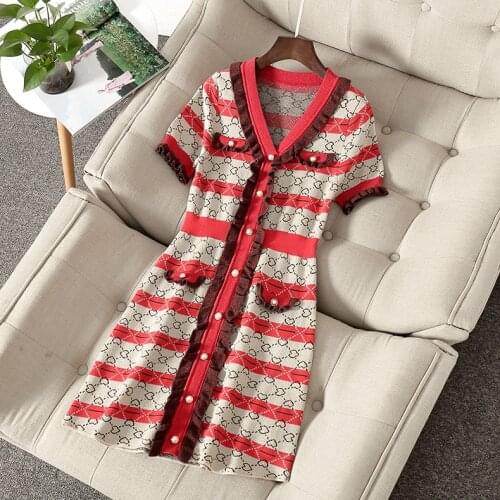 Spring fashion women ruffles patchwork plaid hearts printed knitted mini dresses v-neck buttons lurex slim sweater dress Y578