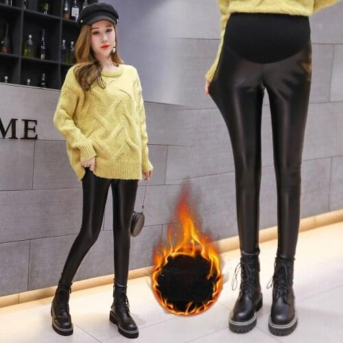 Winter pregnancy wear trousers Fashion pregnant women leather pants maternity leggings Plus velvet thickening High waist pants