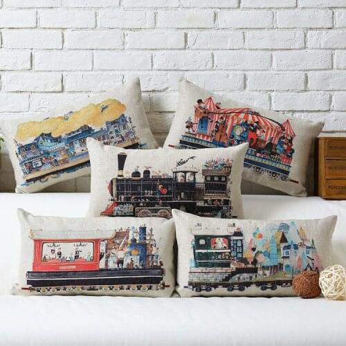 Cartoon pillow cover, Retro creative Cartoon circus ship train waist pillow case pillowcase