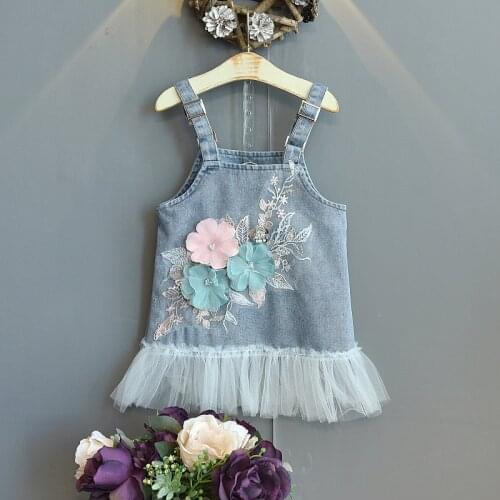 Girls Casual Princess Dress Blue Floral Pattern Square Collar Off-the-shoulder One-piece 2-7T Kids Denim Dresses for Girls