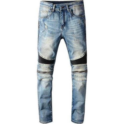 KIOVNO Men Fashion Biker Jeans Pants Knee Zipper Motorcycle Denim Trousers For Male Size 29-38 Patchwork