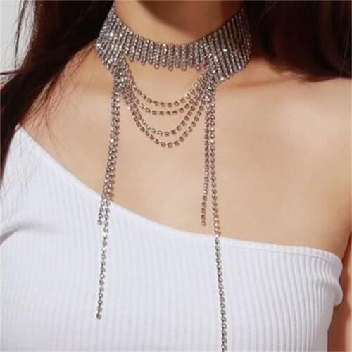 Personality Retro Multi-Layer Rhinestone Geometric Long Tassel Necklace Neck Jewelry Sexy Ladies Party Crystal Clavicle Chain
