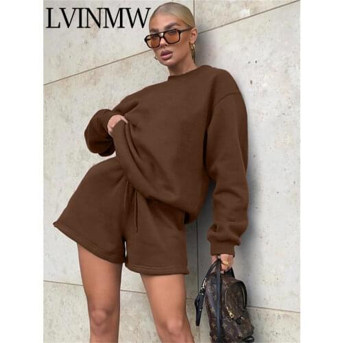 LVINMW Shorts Suits Solid Casual Loose Simple Two Piece Set Women Patchwork Long Sleeve Hoodie Drawstring High Waist Shorts