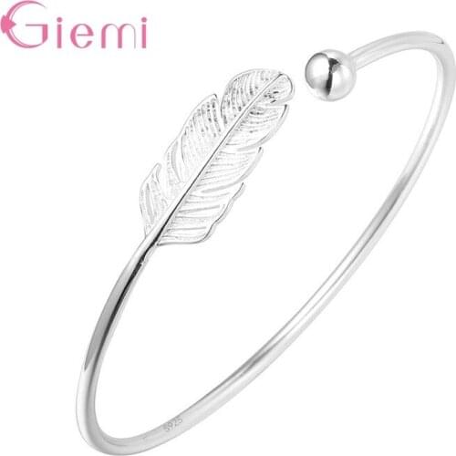Fashion Trendy 925 Sterling Silver Feather Leaves Cuff Bracelets Bangles for Women Girl Jewelry Gift Party Wholesale