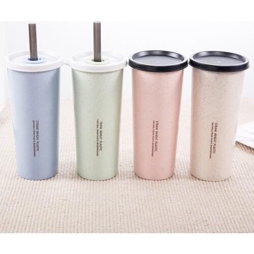 Plastic Drinking Water Cup for Kids Tube Water Bottle Simple Wheat Straw Cup with Lid Cup Student Portable Tote Travel Cup