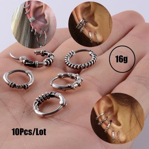 10Pcs/Lot Vintage 16g Cartilage Hoop Earring Septum Hoop Stainless Steel Silver Color Nose Ear Daith Snug Helix Piercing Jewelry