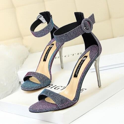 Women Pumps Sequined Cloth Office 9.5cm Thin High Heels Bling Shallow sandals High Heels Buckle Strap Heels Party Wedding Shoe