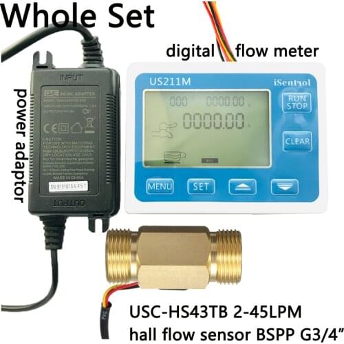 US211M Digital Flow Meter Totalizer with Brass Flow Sensor USC-HS43TB G3/4" Hall Flow Sensor 2-45LPM iSentrol Saier Sesnor China