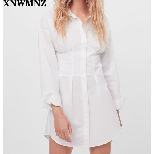 XNWMNZ Za women Poplin shirt dress Fashion thin waist white mini dress Office womens casual dresses high quality