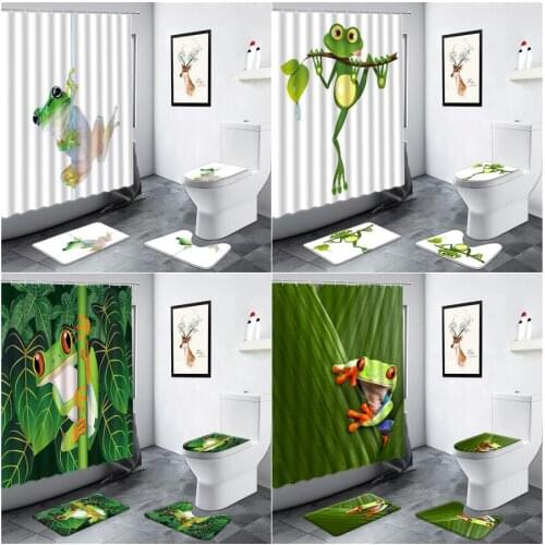 Funny Frog Shower Curtain Cartoon Animal Green Leaves Tropical Plant Creative Children Bathroom Non-slip Rug Toilet Bath Mat Set