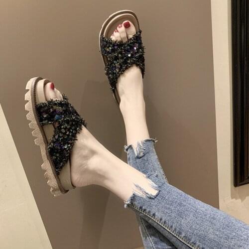 Womens shoes fashion sequins cross slippers outdoor wear 2019 new summer platform shoes