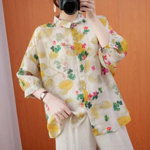 Women Cotton Linen Casual Shirts New Arrival 2021 Summer Korean Vintage Style Floral Print Loose Comfortable Female Tops B115