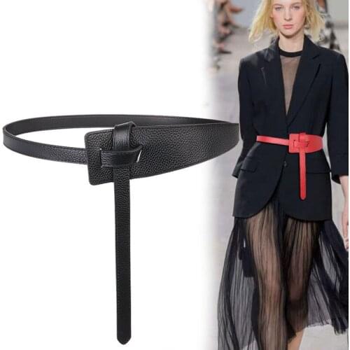 Wide Knotted Long Belt Female Dress Cummerbunds Black Coat Waist Soft Genuine Leather Waistbands Simple Design Strap Waist Tide