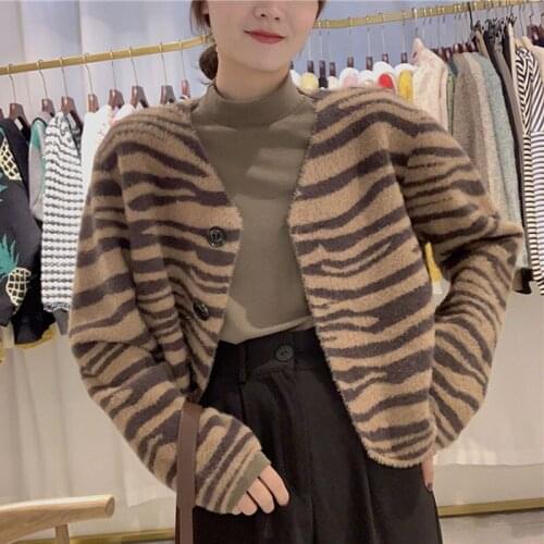Stripe Knitted Cardigan Women Autumn Vintage Loose Short Crop Knit Sweater Female Casual High Street Korean Sweater Coat 2021