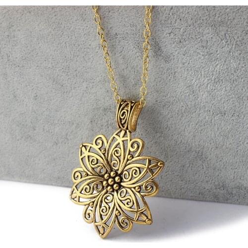 1PCS Large Filigree Lotus Flower Pendant Necklace Alloy Vintage Gold Metal Chain Necklace Jewelry For Women