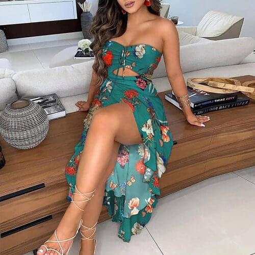 4# Bohemian Two-piece Party Dress Womens New Summer Vintage Floral Print Sexy Off Shoulder Dress Female Beach Dress Vestido