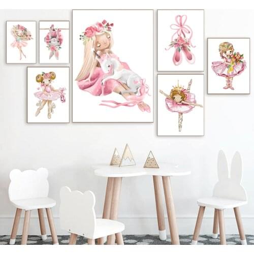 Cute Ballet Girl Flowers Rabbit Unicorn Shoes Nordic Posters And Prints Wall Art Canvas Painting Wall Pictures Kids Room Decor