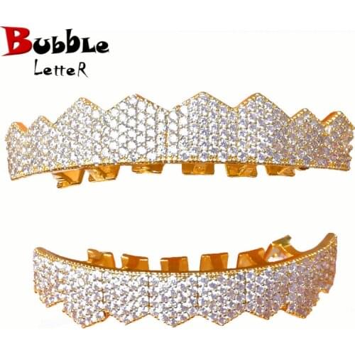 Big Hip Hop Grillz Iced Out CZ Fang Mouth teeth grills Caps Top & Bottom tooth Set Men Women Vampire Grills Fashion Jewelry
