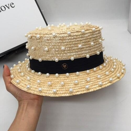 French fashion elegant pearl straw flat-topped hat fairy hat sunscreen topi wide-brim sunhats