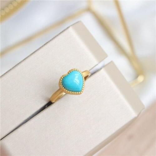 Natural Hetian Jade Turquoise Love Heart-Shaped Ring Fresh Elegant Blue Small Heart Shaped Sterling Silver Open Ring Temperament