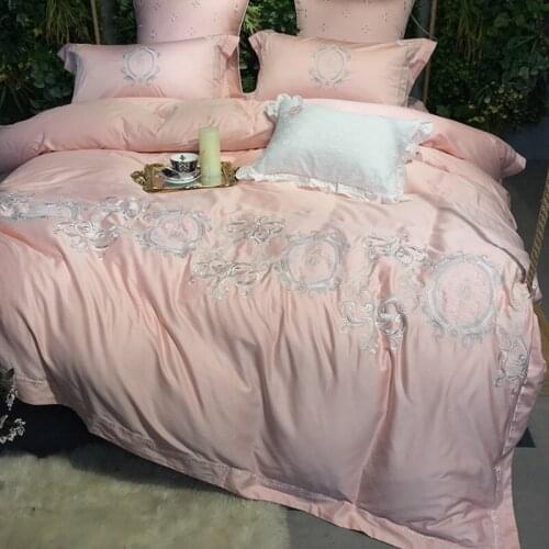 Pink 100S Egyptian Cotton Luxury Royal Embroidery Bedding Set 4/6pcs King Queen Wedding Bed Sheet Cover set Duvet Cover golden