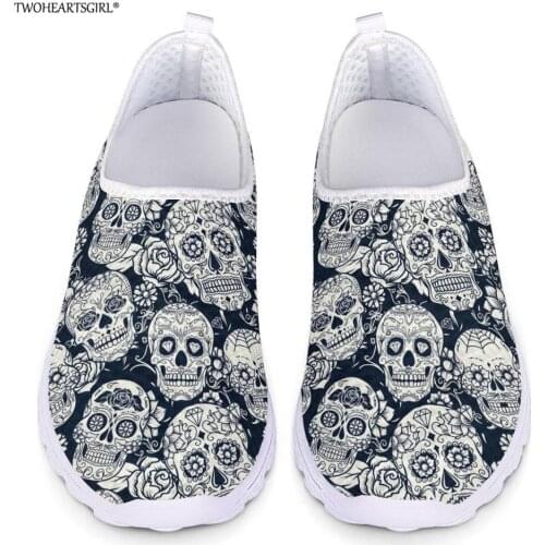 Twoheartsgirl Breathable Sugar Skull Print Mesh Shoes Classic Ladies Flat Loafers Slip-on Lightweight Female Girls Sneakers