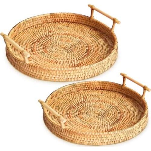 Rattan Round Serving Tray,2 Sizes Hand-Woven Rattan Tray with Handle, Wicker Tray,for Bread,Fruit,Food,Coffee,Breakfast