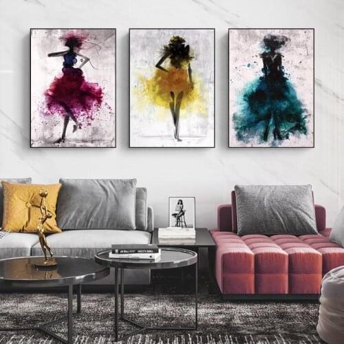 Fashion Skirt Woman Canvas Painting Red Yellow Blue Nordic Figure Posters And Prints Wall Picture For Living Room Decor No Frame