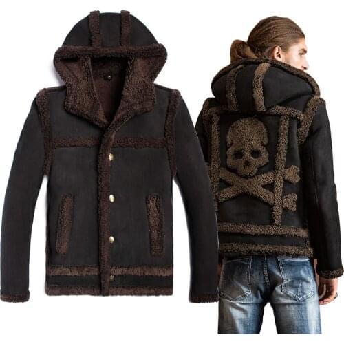 SANI Cool Shan Head on Back Shearling Sheepsin Fur Men Winter Thicken Real Fur Coat Detachable Hooded Sleeves Real Fur Clothing