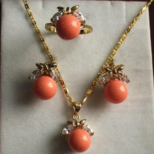 Fancy jewelry set 10mm orange shell pearl,ring, pendant stud earring