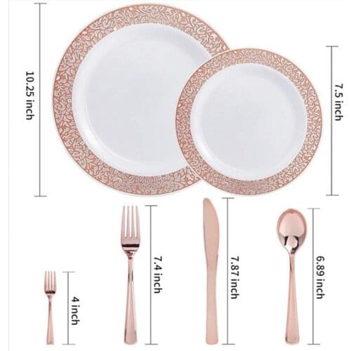 1 Sets of Rose Gold Disposable Tableware Set Cup Plastic Plate Table Knife Wedding Banquet Supplies