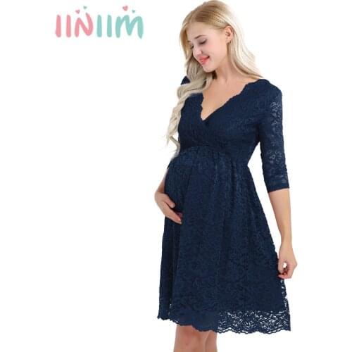 Iiniim Womens Maternity Elegant Dress Floral Lace Overlay V Neck Half Sleeve Pregnant Photography Dress for Take Part Weeding