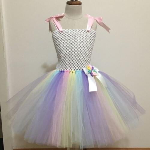 Girls Unicorn Tutu Dress Pastel Rainbow Baby Girls Flowers Birthday Party Dress Kids Halloween Unicorn Costume White Crochet Top