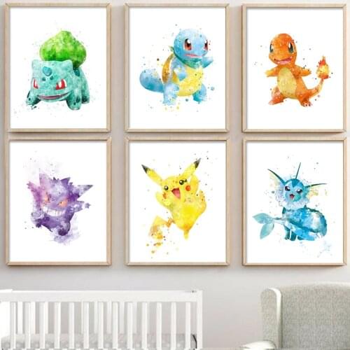 Pokemon Watercolor Art Canvas Painting Modern Mural Pikachu Anime Poster Print Childrens Room Living Room Home Decor Pictures