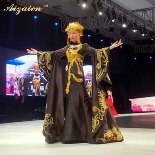 Luxury Black Evening Gown Gold Phoenix Embroidery Traditional Wedding Dress Plus Size Fashion Show Women Cheongsam Tailing Dress