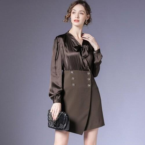 Silk bow tie dress womens autumn 2021 womens new style OL temperament self-cultivation one-step skirt bag hip skirt