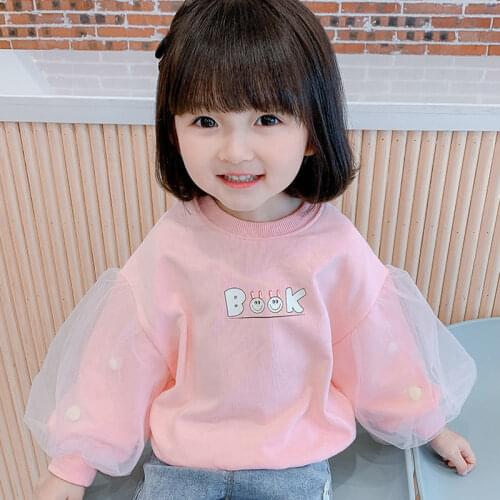2- 6 Y Toddler Girls Sweatshirts Fashion Letter Print Net Yarn Puff Sleeve Hoodies for Girl Baby Kids Clothes Tops Autumn 2020