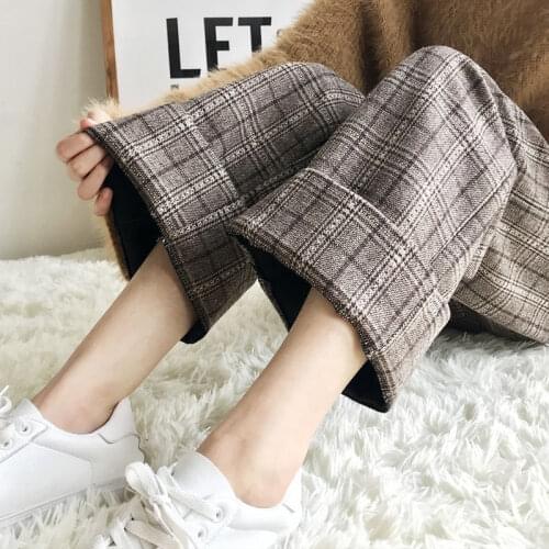 Luck A 2021 Autumn Winter Woolen Plaid Female Pants Women Elastic High Waist Pant Plus Size Harajuku Wide Leg Lady Trousers