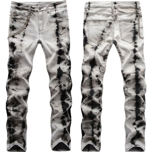 Street Fashion Hip Hop Snowflake Graphic Jeans Chain Decoration Elastic Slim Jean Man Pantalon Homme Jean Noir Homme Summer Jean