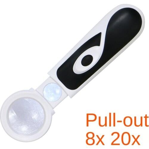 8x 20x Handheld Double LED Light Drawer Type Double Lens Rubber Non-Slip Handle Reading Identification Magnifying Glass
