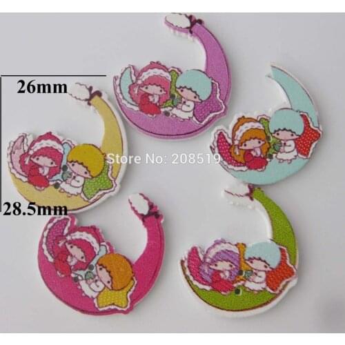 WBNSWW Lovely sewing buttons wooden 100pcs randomly two children on Moon Baby clothes Button