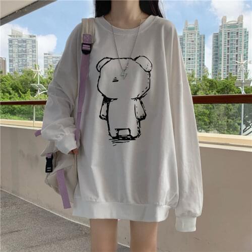 Womens Hoodies Pullover O Neck Cute Bear Long Sleeves Medium Length Loose Tops Wholesale 2021 New Fashion Casual Lady Clothing