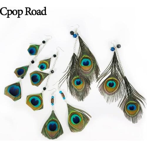 Cpop Boho Nature Peacock Earrings Nature Stone Beads Ethnic Long Tassel Statement Earrings Vintage Women Jewelry Gift Hot Sale