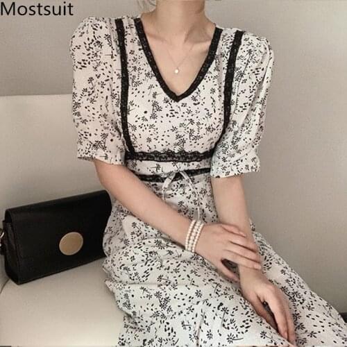 2020 Summer Korean Floral Printed Long Dress Women Lace Spliced Short Sleeve V-neck Dresses Vintage Fashion Sweet Vestidos Femme