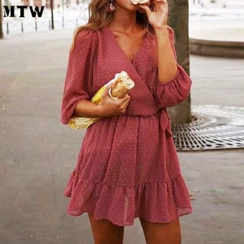 2021 Spring Summer V Neck Women Chiffon Dress Ladies Ruffle Boho Lace Beach Dress Female Wrap V Neck Mini Sundress
