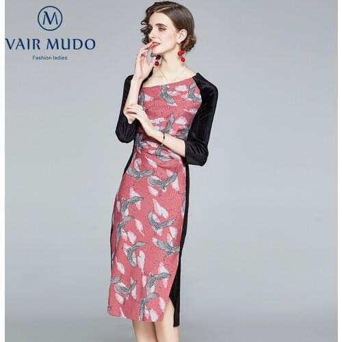 VAIR MUDO Spring Autumn Dress Women Was Thin Split Skirt High-End Jacquard Stitching Velvet Dress Ladies' Temperament Y-14