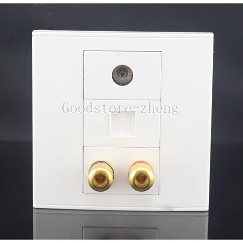 1 Speaker 2 Binding Banana Post Jack + TV + RJ45 Cat5e LAN Audio Wall Face Plate